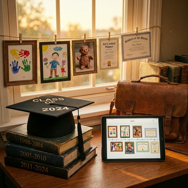 Timeline of school memories, certificates, and art displayed on a desk