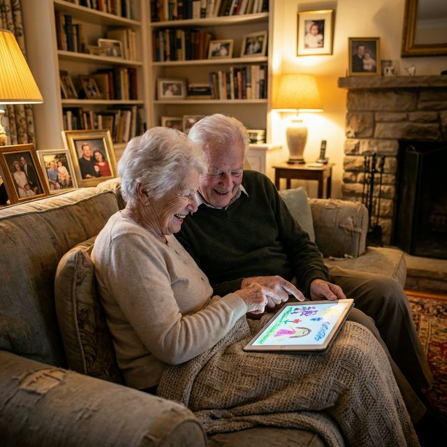 Grandparents viewing kids art on a tablet with joy