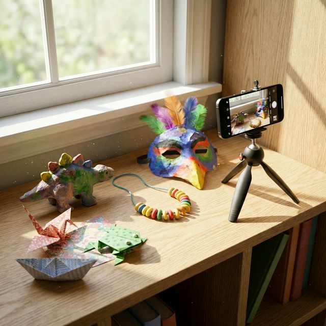 Collection of children's 3D art projects on a shelf being photographed